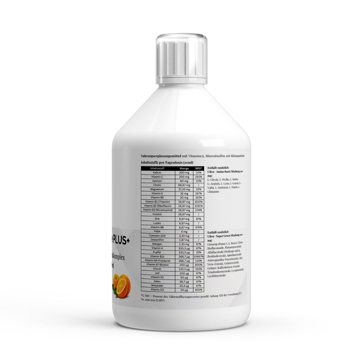PureVibe® Vita Complete PLUS+ – Complexe Multivitaminé et Minéral Liquide | Green & Amino Blend | 50 Shots Orange