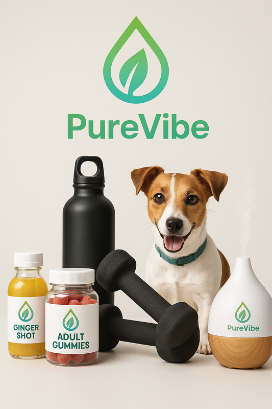 Produits PureVibe – gummies, shots, vitamines, suppléments pour la salle, bien-être pour animaux et humidificateur. Gamme complète de bien-être naturel, énergie et vitalité.