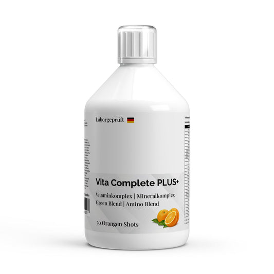 PureVibe® Vita Complete PLUS+ – Complexe Multivitaminé et Minéral Liquide | Green & Amino Blend | 50 Shots Orange